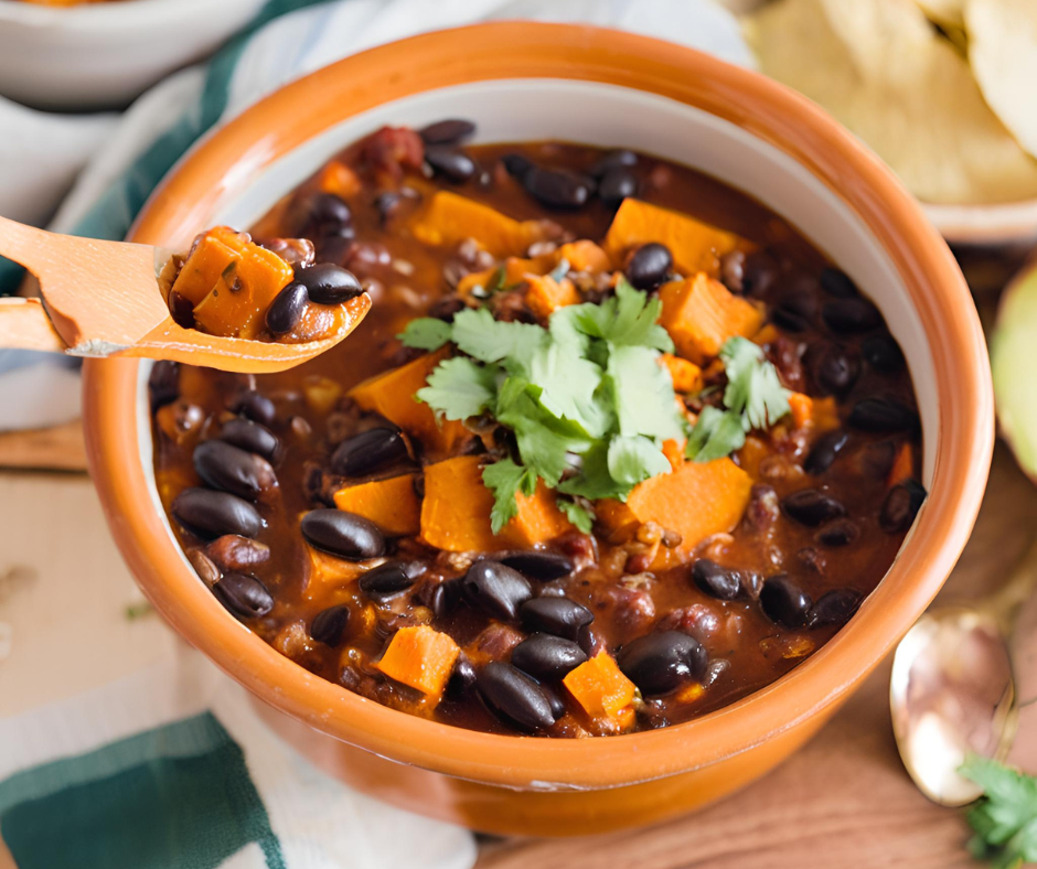 Smoky Sweet Potato and Black Bean Chili with a Hot Sauce Kick